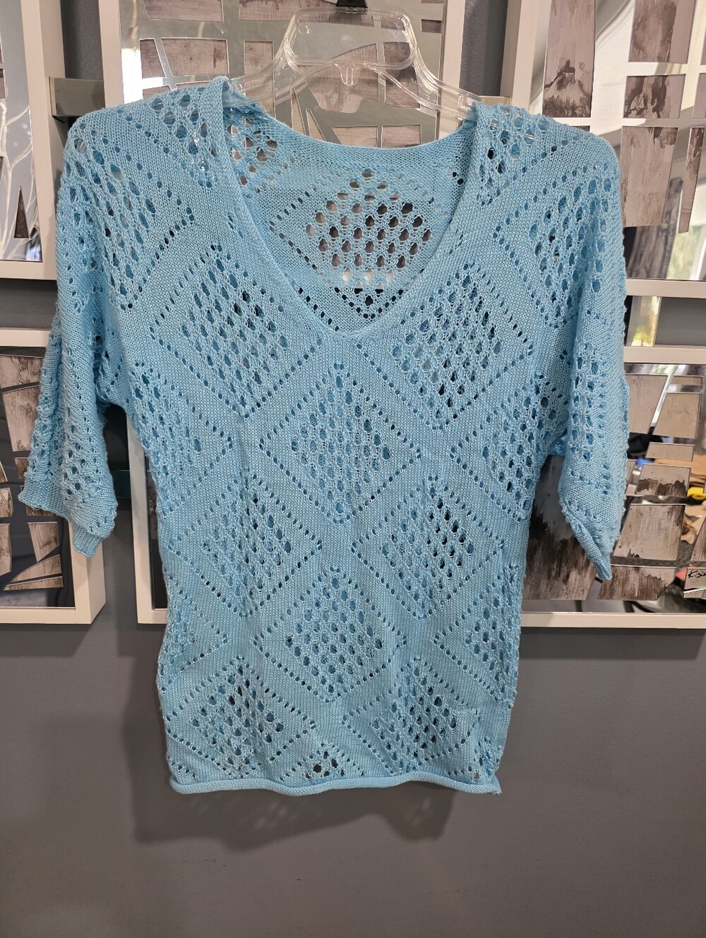 Light Blue Open-Knit V-Neck Sweater Top